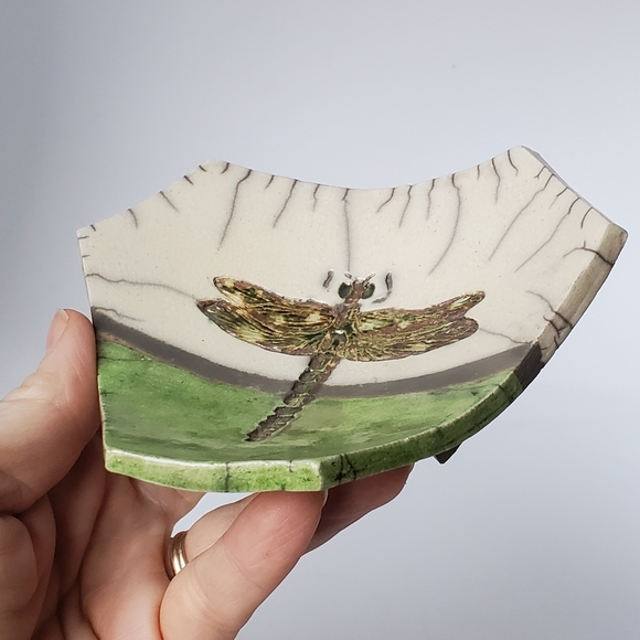 Raku Studio Pottery Dragonfly Dish with Three Feet - Picture 5 of 7